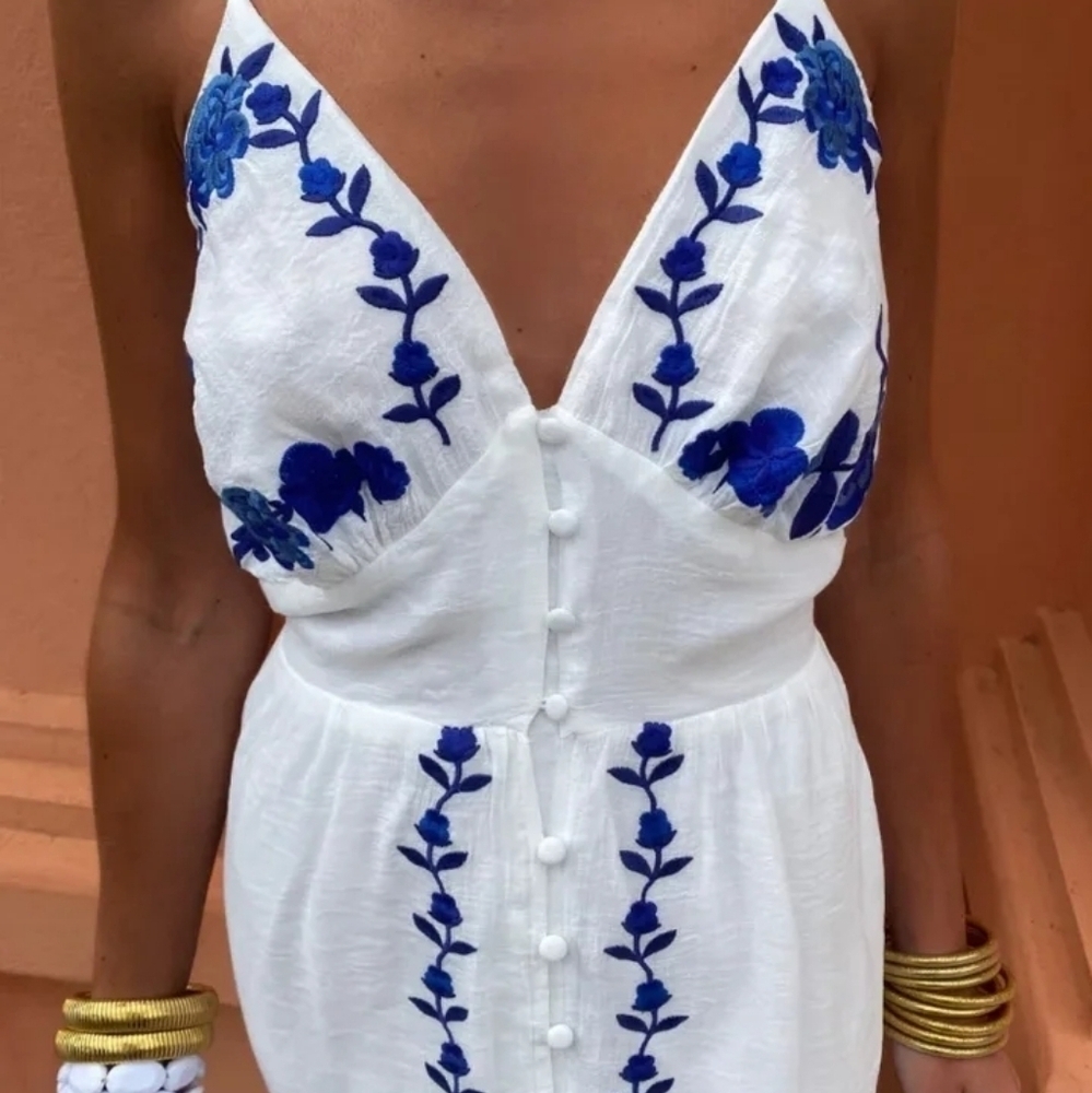 Holiday Chic Embroidery Backless Sling Midi Dress Single-breasted V-neck - Picture 3 of 8